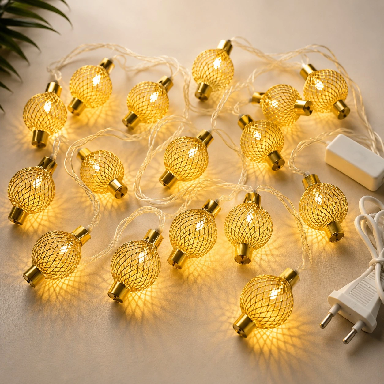 Decorative Golden Mesh Led String Lights For Home Decor | Warm White Fairy Lights | Plug-In Metal Lantern Light String | Festival & Wedding Decoration