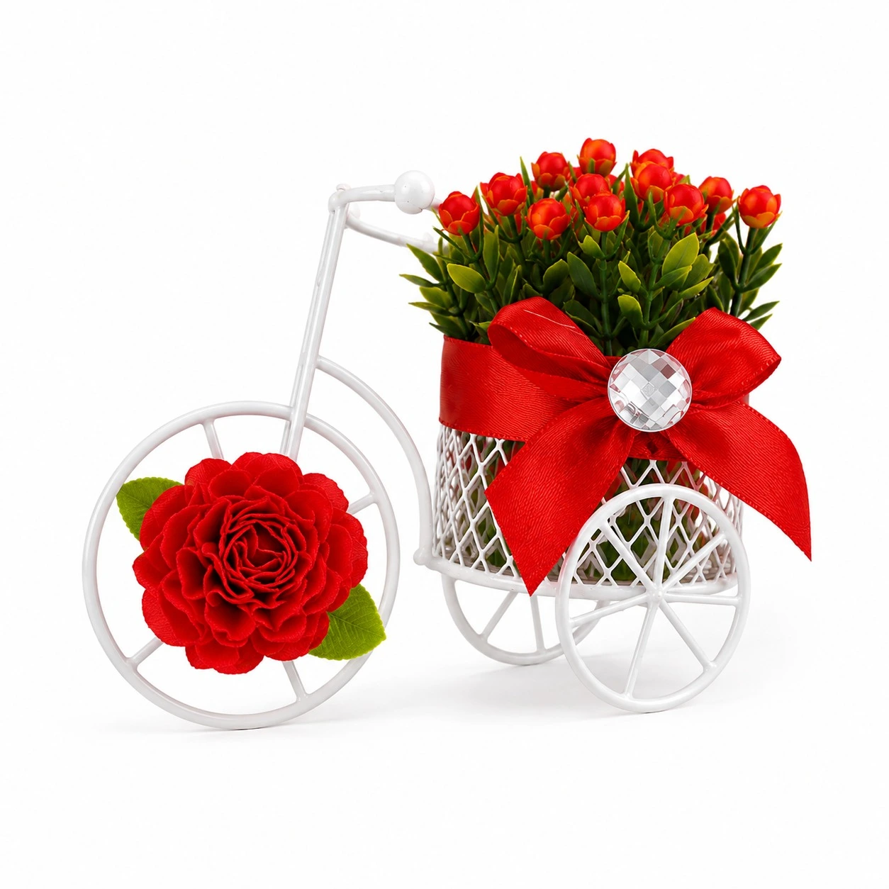Mini Decorative Bicycle Flower Basket With Artificial Flowers | Metal Tricycle Planter For Home, Office Desk & Gift Decoration