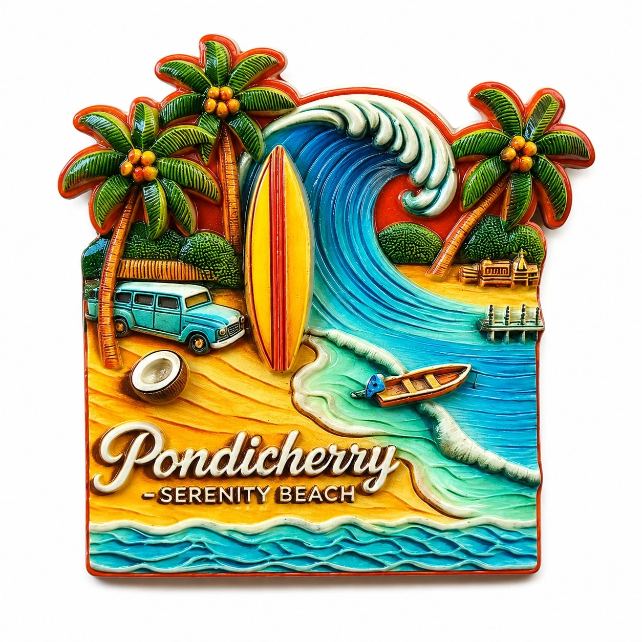 Pondicherry Serenity Beach 3d Resin Fridge Magnet | Colorful Beach Theme Refrigerator Magnet | Tourist Souvenir | Home & Kitchen Decorative Magnet | Pack Of 1